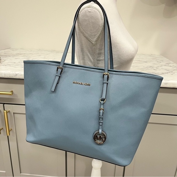 Michael Kors Jet Set Travel Tote Surf Blue Matching Hamilton Wallet - Picture 2 of 16